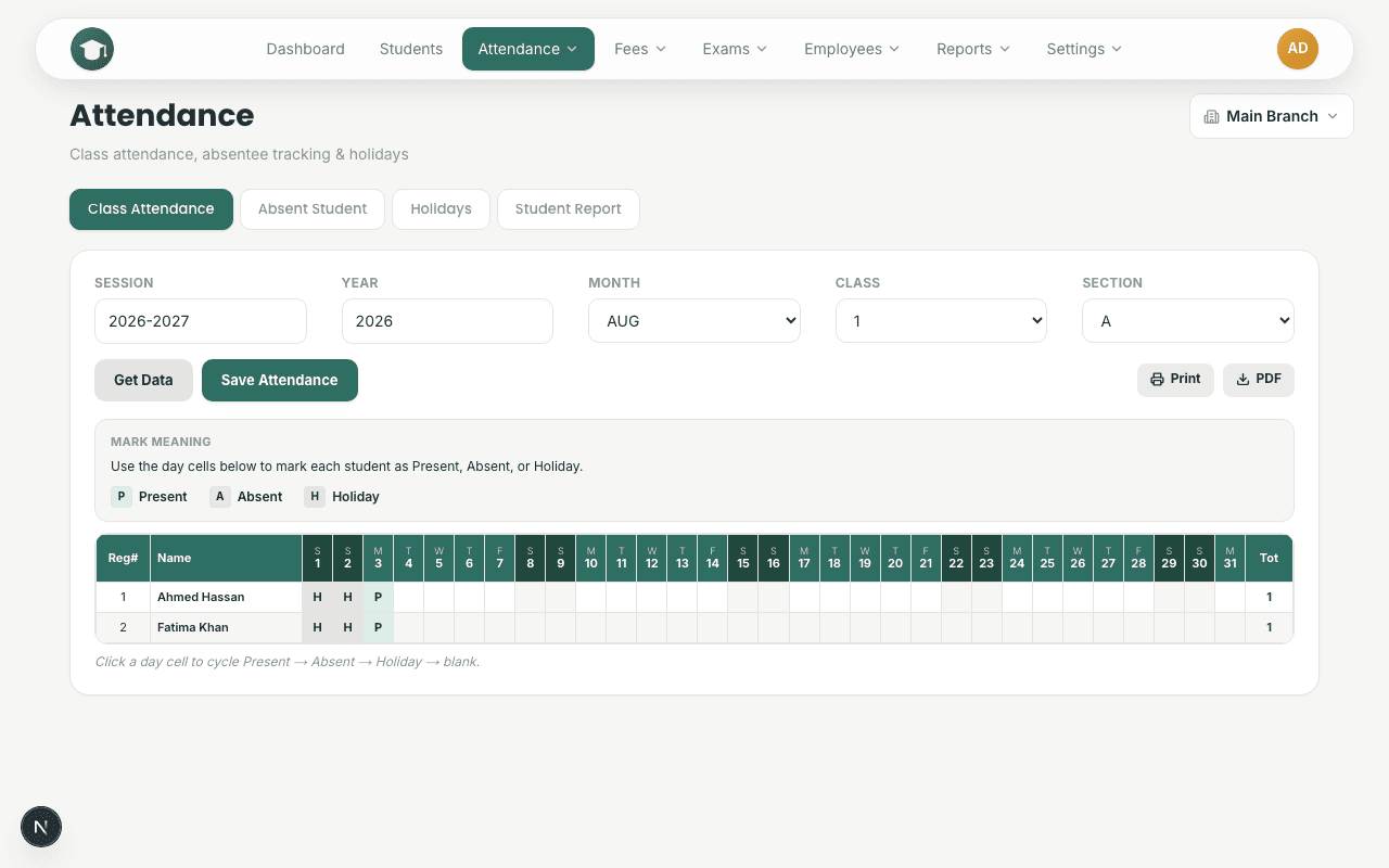 Attendance — Mark daily attendance for any class in seconds, tracked by session and year.