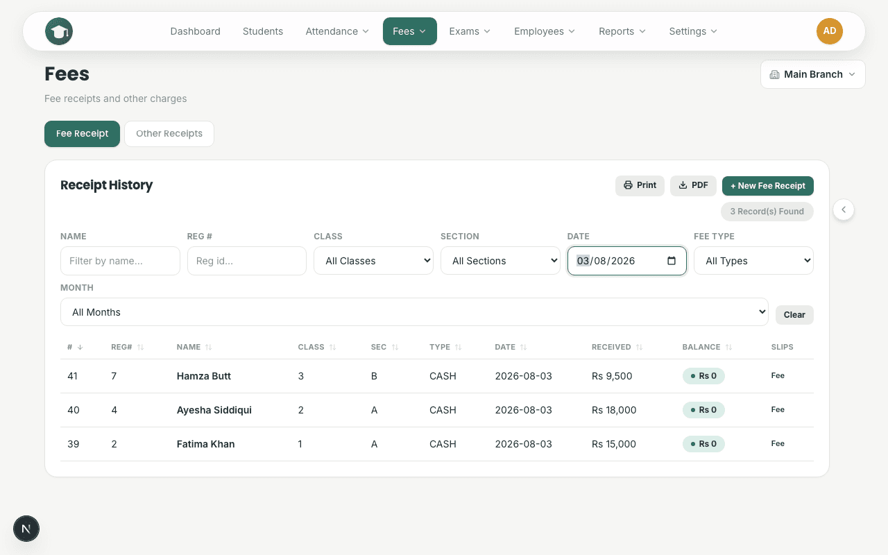 Fee Collection & Online Payments — Fee receipts, balances, and payment history for every family — no spreadsheets.